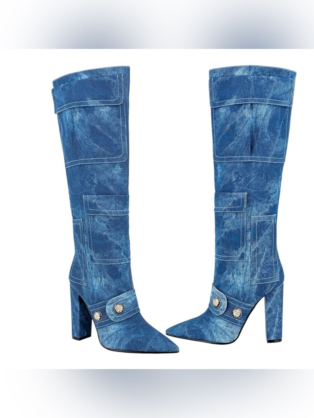 Blue Denim Effect Over the Knee Boots Size 37